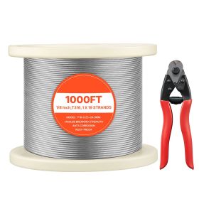 1/8 Inch Wire Rope, 1000 ft Length, 316 Stainless Steel Wire Cable with Cutter, 1760 lbs Breaking Strength, 1 x 19 Strands Construction