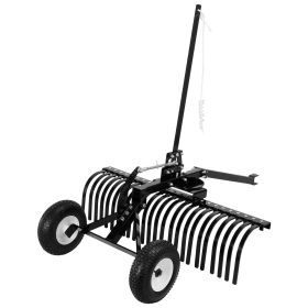 48in Tow Behind Landscape Rake, Pull Behind Lawn Rock Rakes for ATV Mower Tractors, 24 Durable Steel Tines, Adjustable Height & Angle