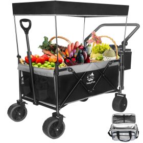 Collapsible Wagon 140L Wagons Carts Foldable with Removable Canopy, Folding Wagon Cart with Wheels for All-Terrain with Brake